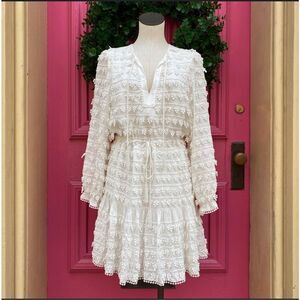 Farm Rio White Textured Mini Dress, Beaded Tassels- Size Small